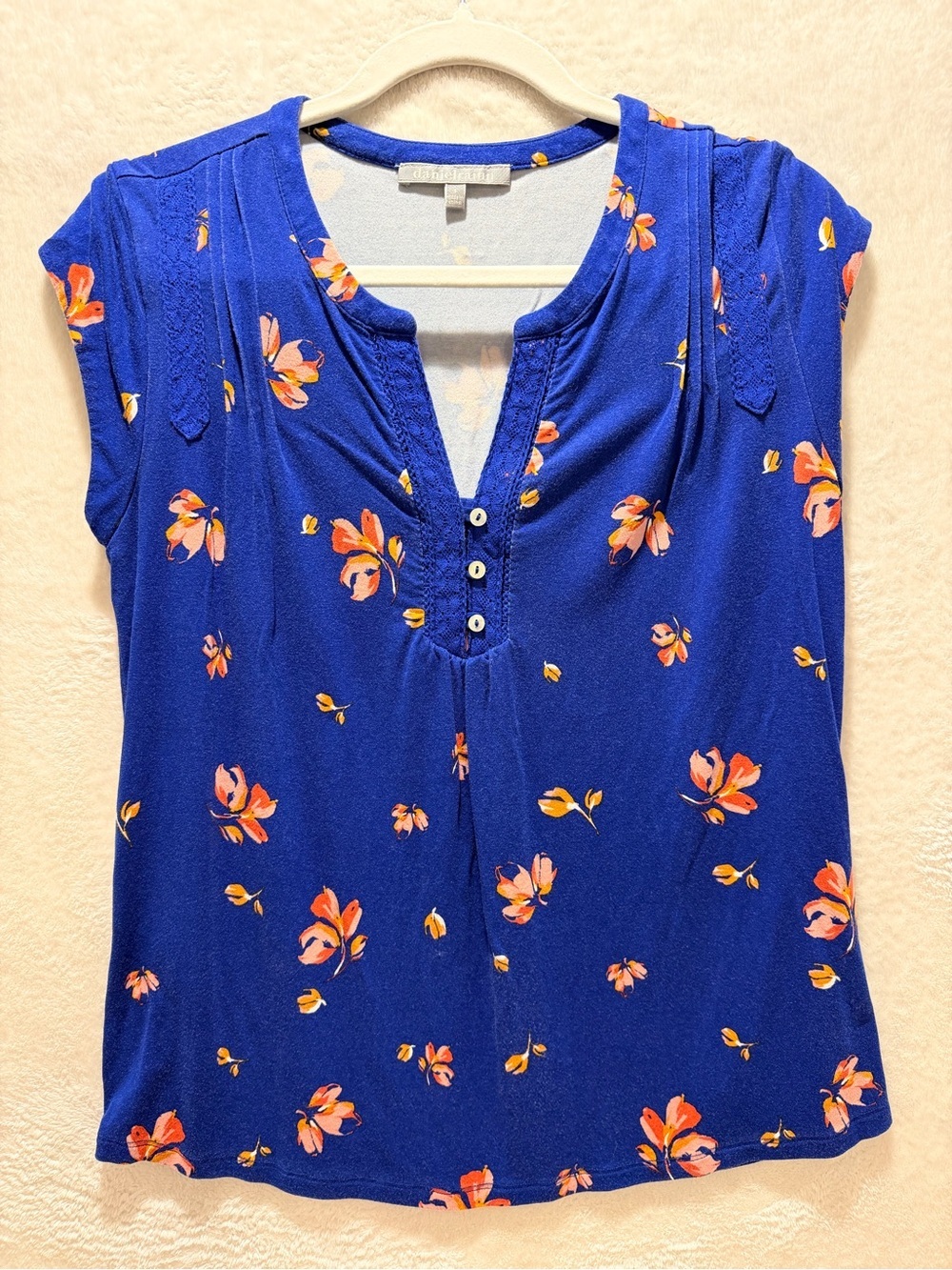 Daniel Rainn Floral Blouse Blue Lace Trim Stretch Knit Top Small - Picture 6 of 11